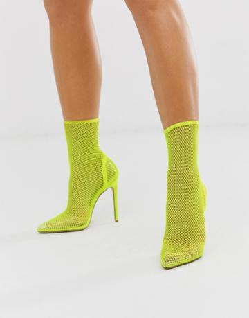 Simmi London Samia Neon Yellow Fishnet Heeled Shoes - Yellow
