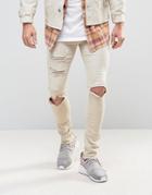 Mennace Skinny Jeans With Paint Splat In Ecru - Cream
