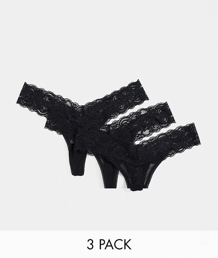 Asos Design 3 Pack Knicker In Malibu Low Rise Mesh & Lace-black