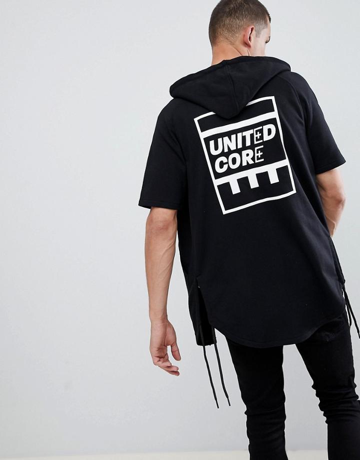 Jack & Jones Core Short Sleeve Hoodie With Curved Hem And Back Patches - Black