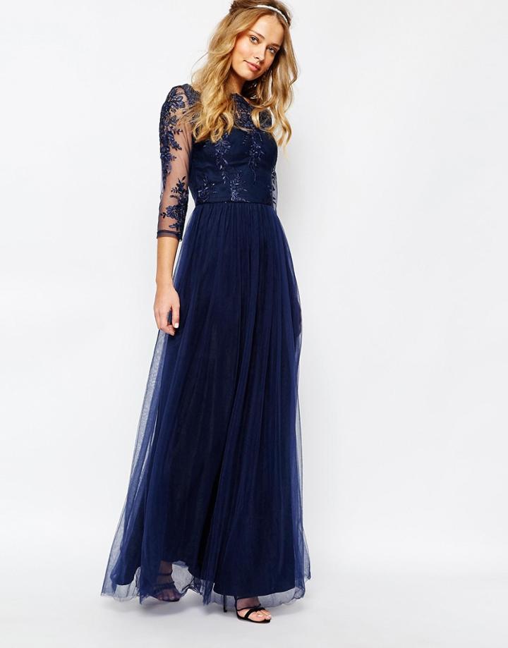 Chi Chi London Bardot Neck Maxi Dress With Premium Lace And Tulle Skirt - Navy