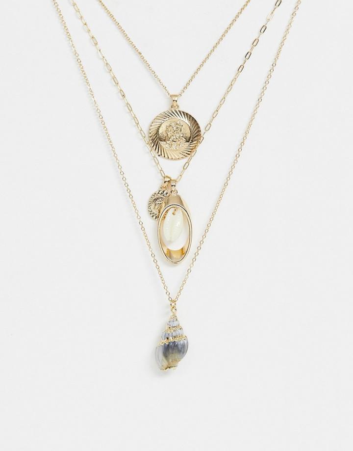 Asos Design Multirow Necklace With Faux Shell And Vintage Style Charms In Gold - Gold