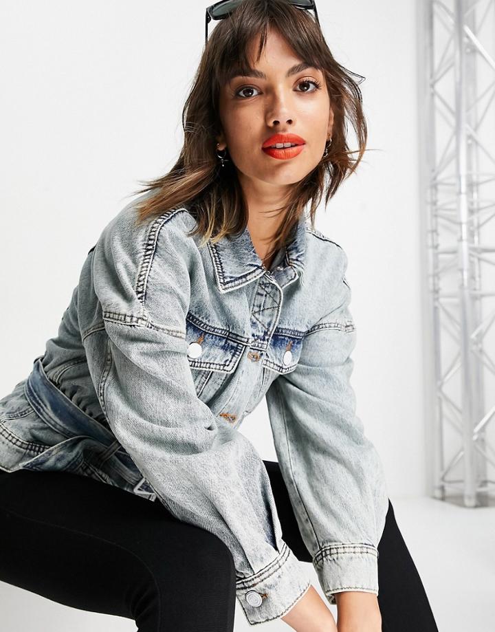 River Island Belted Peplum Denim Jacket In Medium Blue-blues