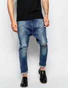 Asos Drop Crotch Jeans With Knee Rips In Blue - Midwash Blue