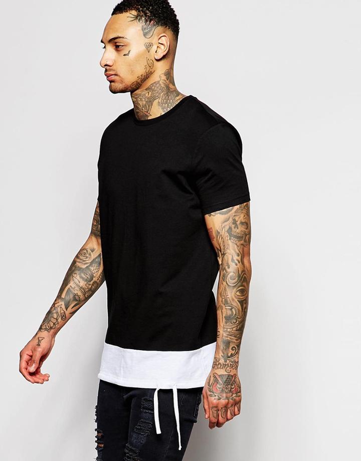 Asos Longline T-shirt With Woven Hem Extender - Black