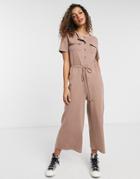 Brave Soul Pearl Cargo Jumpsuit With Tie Waist In Mushroom-brown