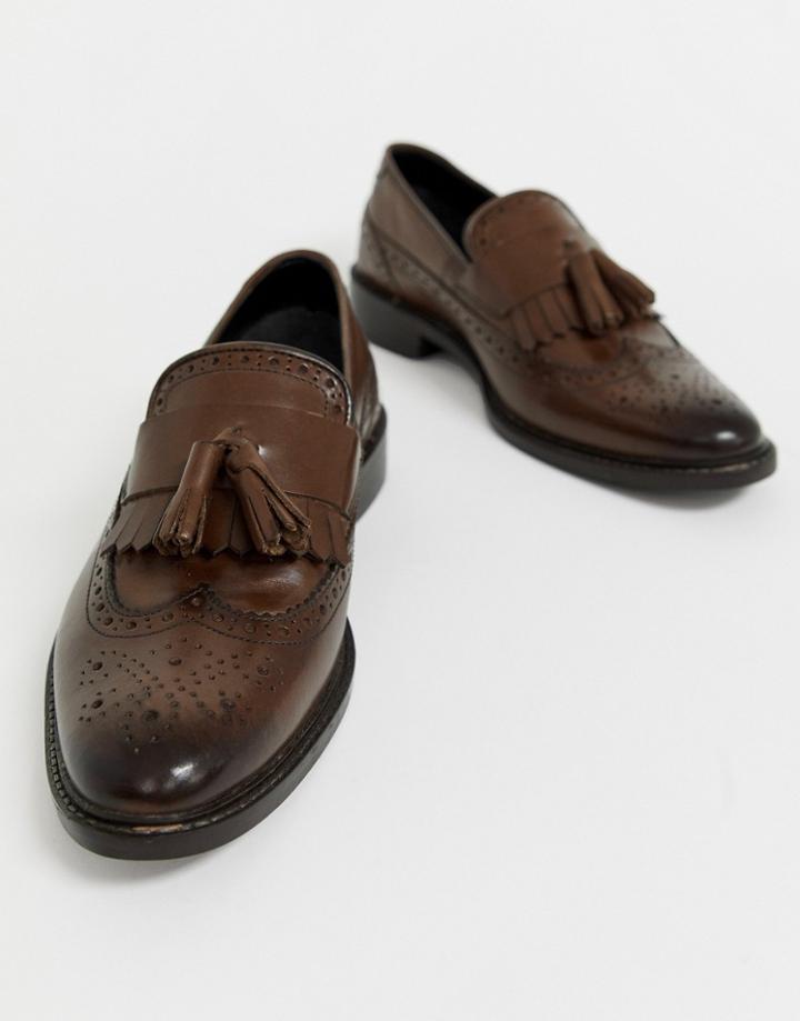 Asos Design Loafers In Brown Leather With Natural Sole And Fringe Detail - Brown