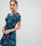 Yumi Petite Floral Print Dress With Studded Belt - Green