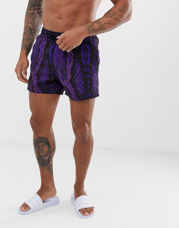 Asos Design Swim Shorts With Snake Print In Short Length-purple