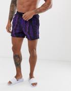 Asos Design Swim Shorts With Snake Print In Short Length-purple