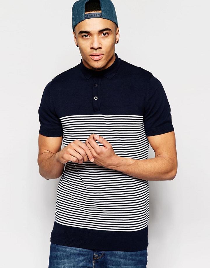 Brave Soul Knitted Stripe Polo - Navy