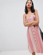 Boohoo Linen Mix Button Through Stripe Midi Dress - Red