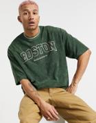 Asos Design Oversized T-shirt In Khaki Towelling With Boston City Print-green
