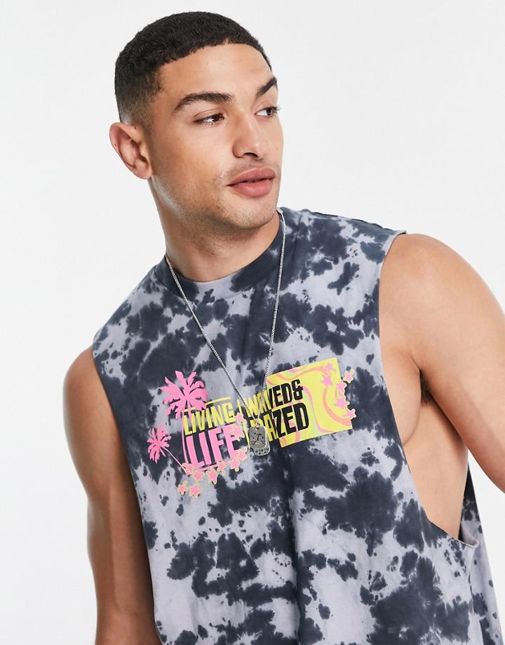 Asos Design Relaxed Tank In Black Tie Dye Organic Cotton With Print