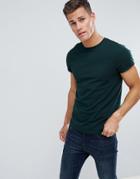 Asos Design T-shirt With Roll Sleeve In Green - Green