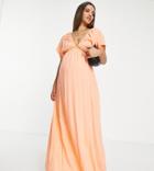 Asos Design Maternity Flutter Sleeve Maxi Beach Dress In Coral-orange