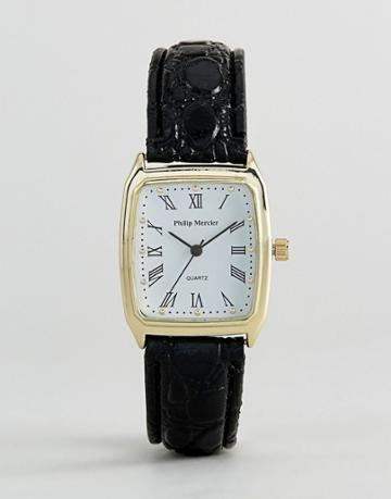 Philip Mercier Black Strap Watch With Square Dial - Black