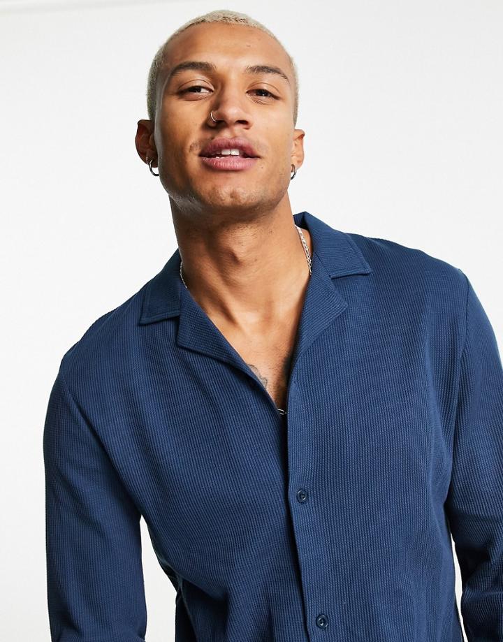 Asos Design Waffle Jersey Shirt In Navy - Part Of A Set