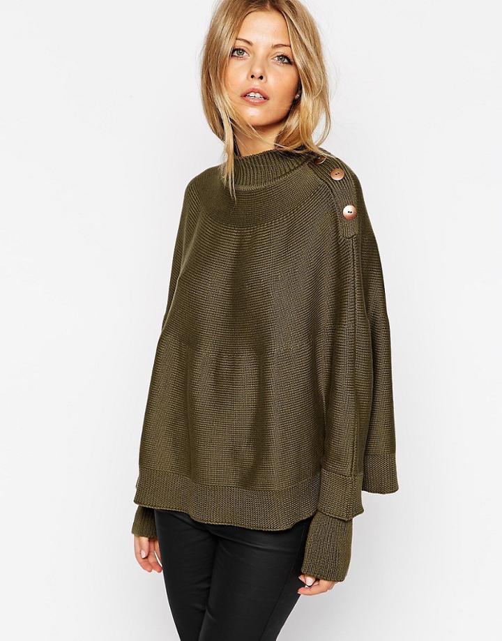 Asos Cape With Button Detail - Khaki