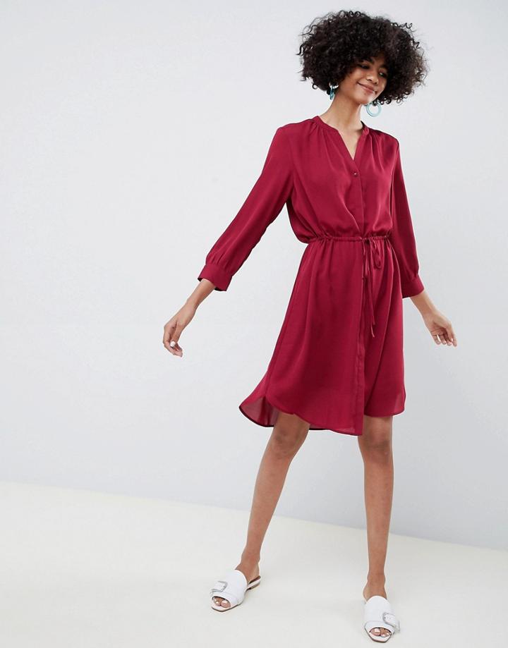 Selected Femme Long Sleeve Midi Shirt Dress In Red