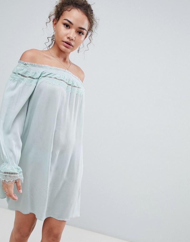 En Creme Off Shoulder Long Sleeve Dress With Lace Trim - Green