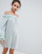 En Creme Off Shoulder Long Sleeve Dress With Lace Trim - Green