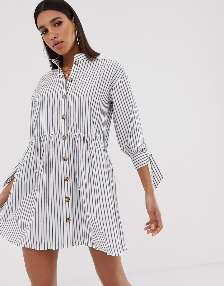 Asos Design Grandad Collar Button Through Mini Smock Dress With Tie Sleeve In Stripe