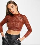 In The Style Exclusive Sequin High Neck Top In Tobacco-brown
