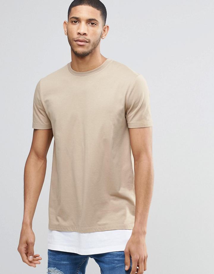 Asos Super Longline T-shirt In Khaki With Contrast Hem Extender - Silver Mink