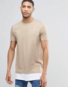 Asos Super Longline T-shirt In Khaki With Contrast Hem Extender - Silver Mink