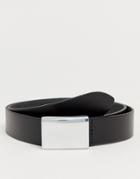 Asos Design Leather Slim Belt In Black With Silver Plate Buckle