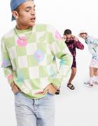 Asos Design Knit Checkerboard Sweater In Lime Green