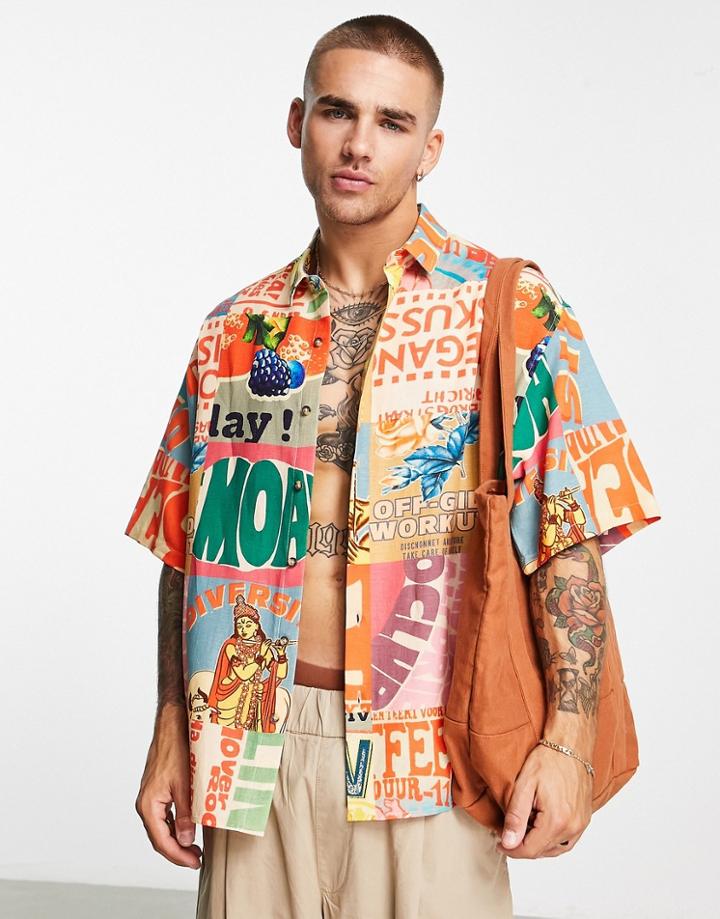 Asos Design Boxy Oversized Shirt In Linen Look Postcard Print-multi