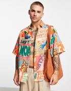 Asos Design Boxy Oversized Shirt In Linen Look Postcard Print-multi