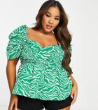 The Frolic Plus Puff Sleeve Cross Bust Smock Blouse In Green Zebra