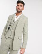 Asos Design Slim Suit Jacket In 100% Wool Harris Tweed In Stone Herringbone