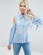 Asos Pussy Bow Blouse With Cold Shoulder And Tie Sleeve - Blue
