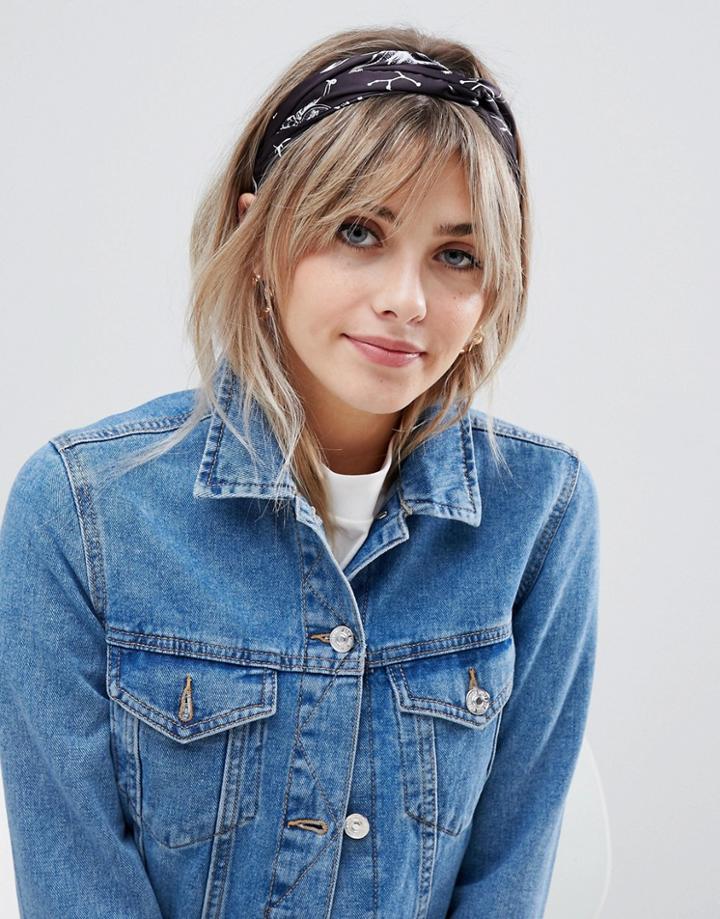 Asos Design Twist Front Headband In Moon And Stars Print - Black