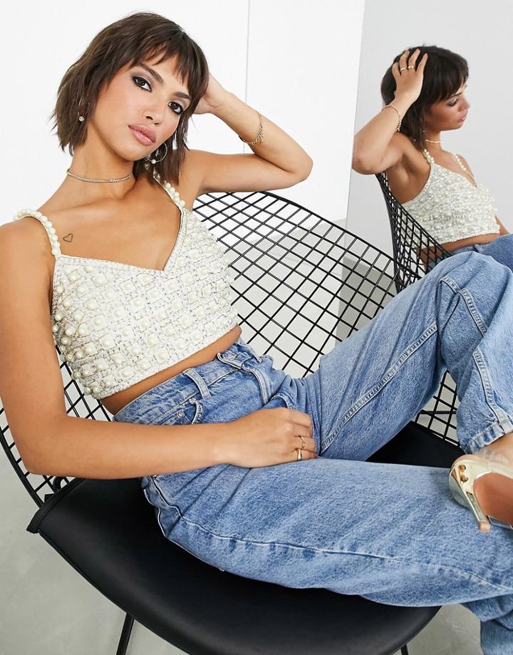 Asos Edition Pearl Embellished Crop Cami Top In Silver