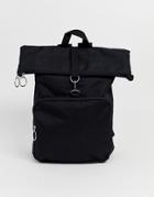 Asos Design Backpack In Black With Roll Top And Front Pocket