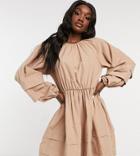 Asos Design Tall Cotton Poplin Smock Mini Dress With Balloon Sleeves And Pintucks In Mocha-neutral