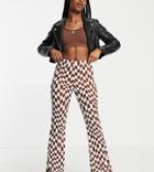 Only Exclusive Flare Pants In Chocolate Checkerboard-multi