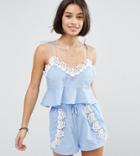 Asos Design Petite Chambray Pretty Beach Cami Top Two-piece With Crochet Trim - Blue