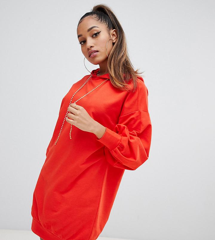 Asos Design Petite Hoodie Sweat Dress With Rhinestone Puller - Red