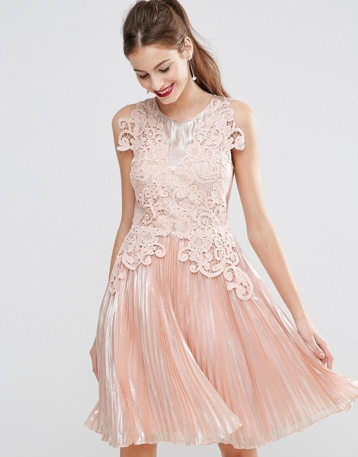 Asos Salon Metallic Lace Applique Midi Skater Dress - Pink