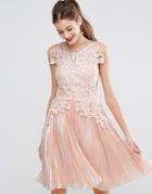 Asos Salon Metallic Lace Applique Midi Skater Dress - Pink