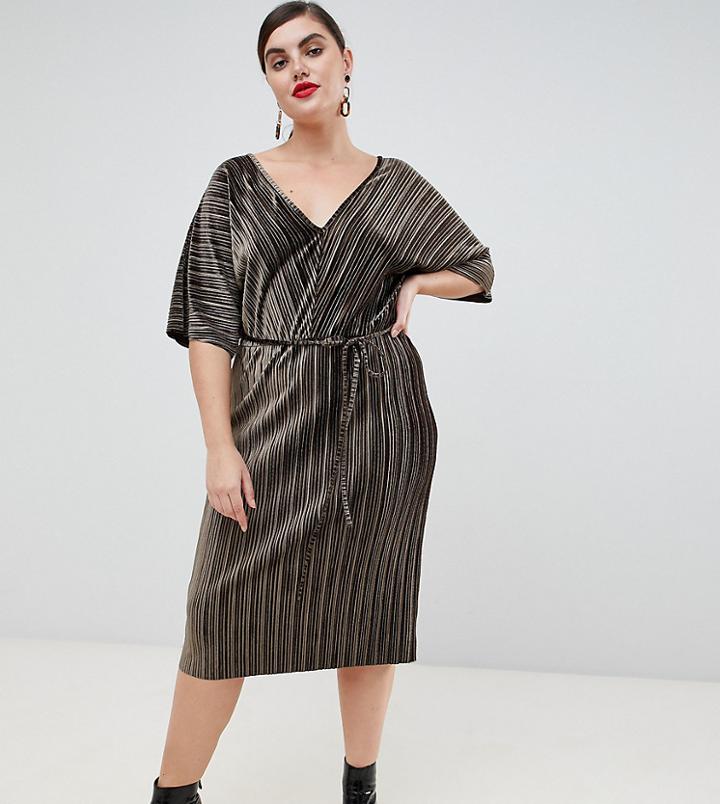 River Island Plus Plisse Velvet Dress In Dark Green - Green