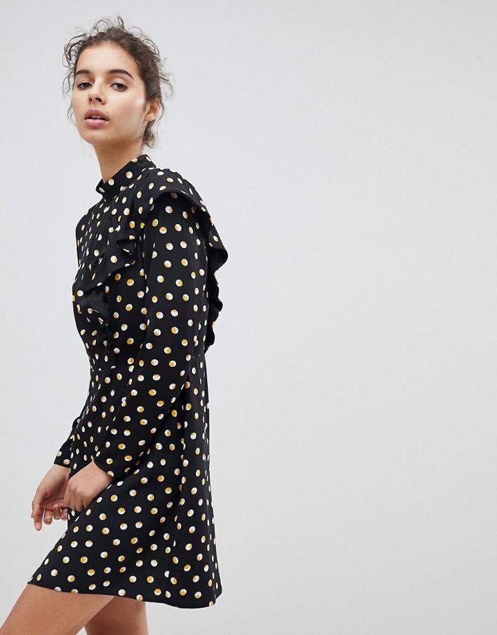 Miss Selfridge Polka Dot Ruffle High Neck Dress - Multi