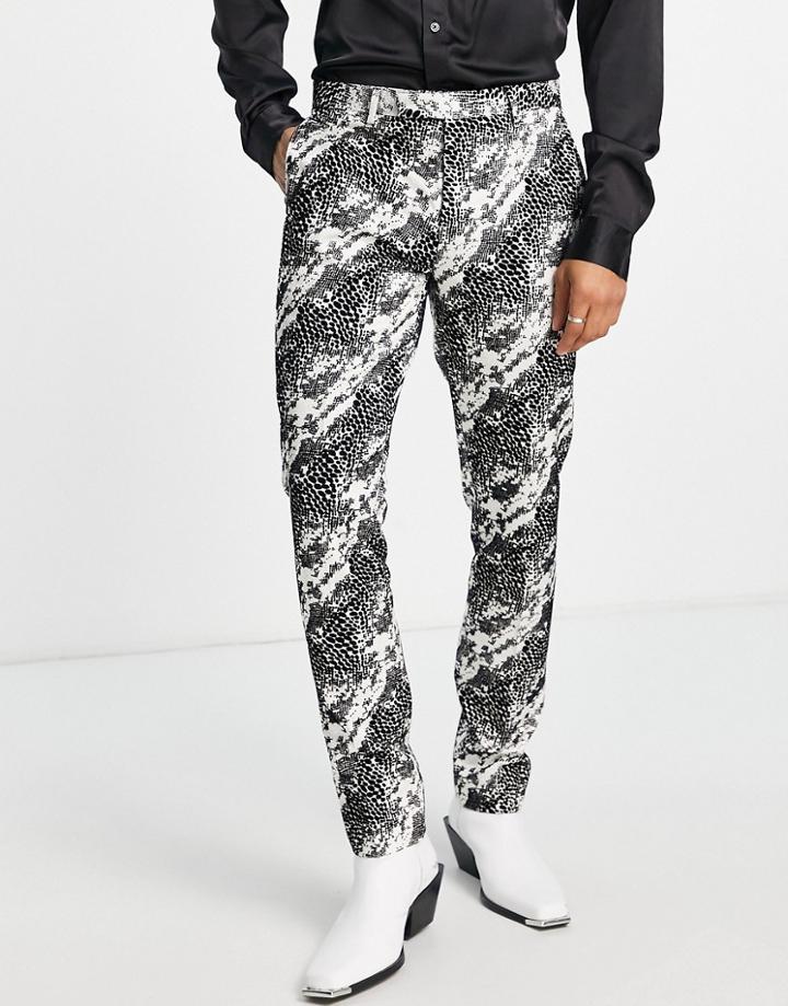 Twisted Tailor Lasek Skinny Suit Pants In White Jacquard With Snakeskin Flocking