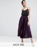 Asos Tall Midi Skirt In Pleated Satin - Purple